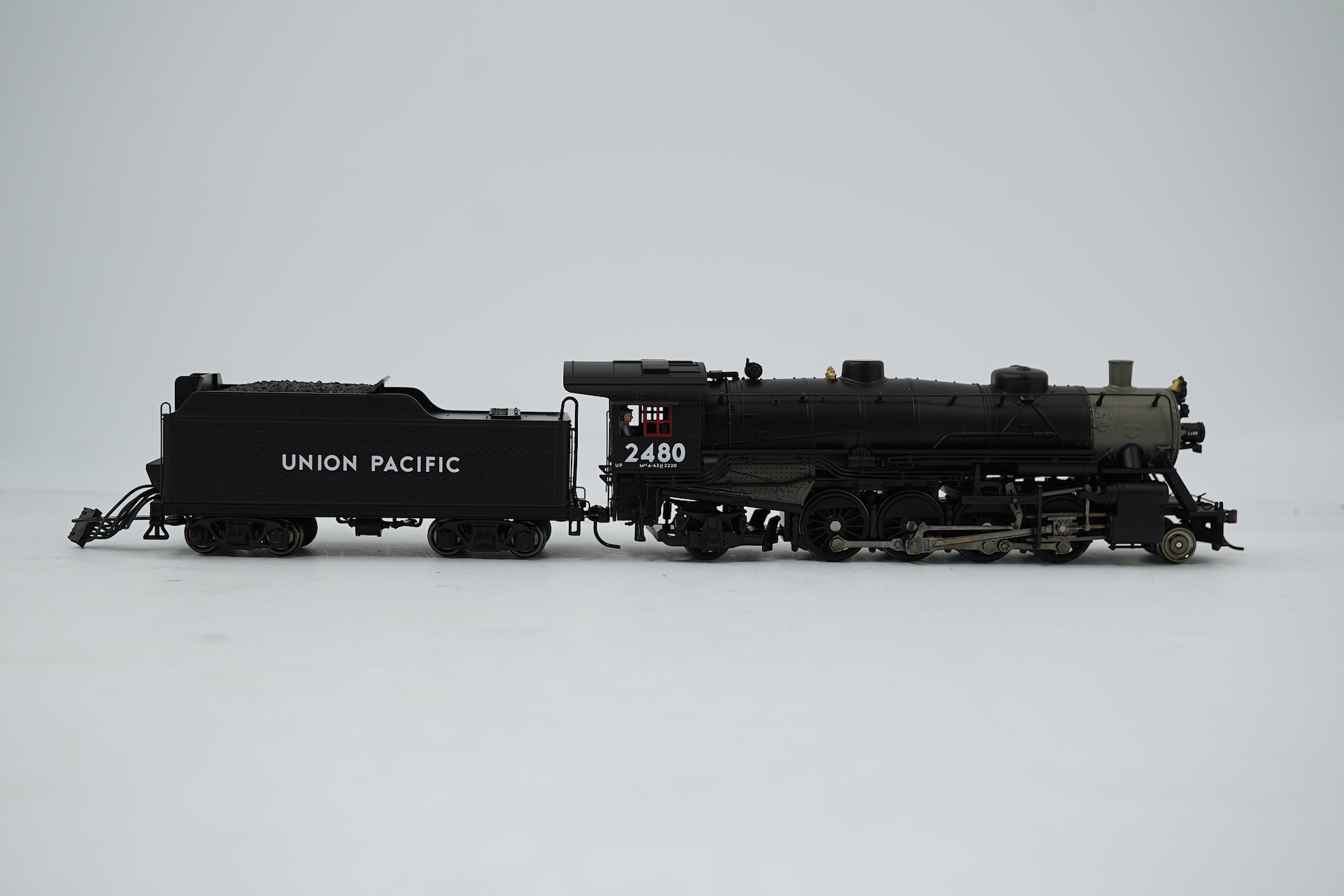 A boxed HO gauge Broadway Limited Blue Line (5173) model of Union Pacific USRA Light Mikado, 2480, 2-8-2 locomotive with bogie tender, powered for two rail operation.